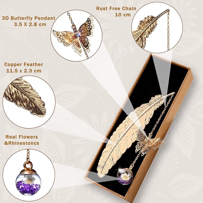 Teacher Appreciation Gifts for Women - Metal Feather Bookmark with 3D Butterfly Charm – Mother’s Day Gifts for Mom, Thank You Gifts, Book Lover Gift Under 10 Dollars, Gift Box Included