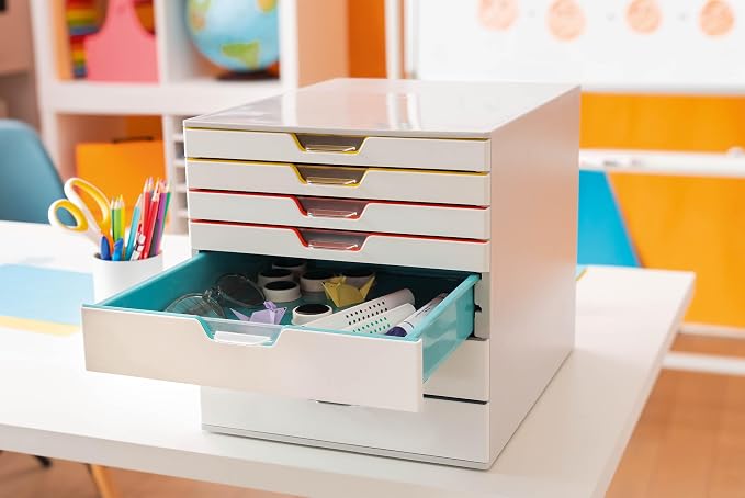 Durable VARICOLOR 7 Drawer Unit - White Desktop Drawer Set with 7 Color Coded Draws - Letter Size Files - Perfect for Storing Documents and Paper Work