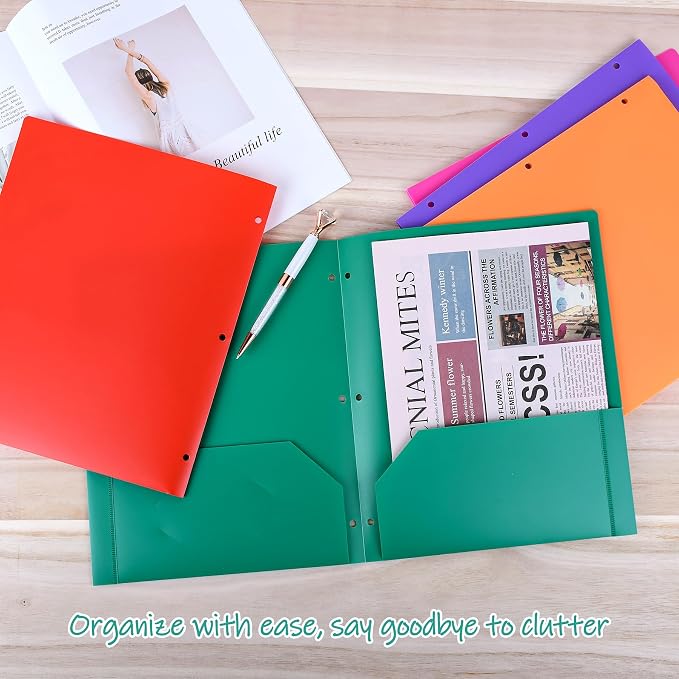 Feosky Folders with Pockets, Plastic 2 Pocket Folders, 2 Pockets Folder and 3 Hole for School, Home, and Office, 12 Assorted Colors