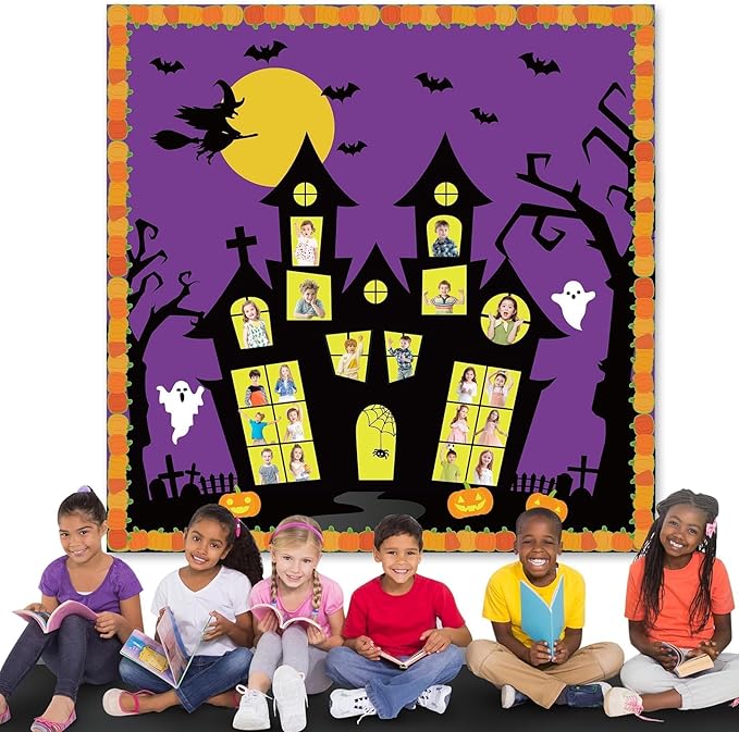 Halloween Classroom Bulletin Board Decoration Set Halloween DIY Photo Craft Castle Pumpkin Witch Bat Moon Paper Cutouts for School Offices Classroom Chalkboard Wall Holiday Decor Supplies