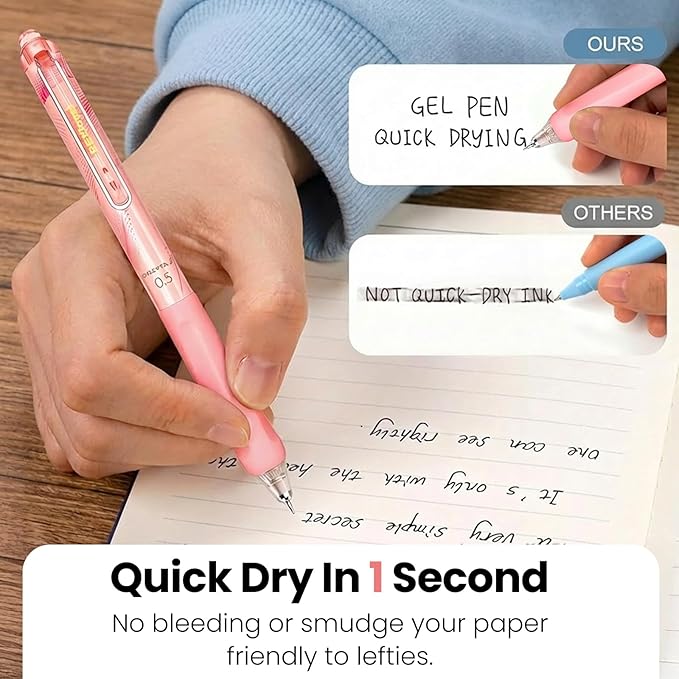 Black Ink Gel Pens: 5 Count Quick dry 0.5mm Fine Point Pens - Smooth Writing Silent Clicker Retractable for School Office & Cute pretty gift