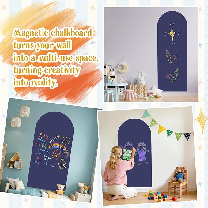Arch Magnetic Wall Decal 47.24" x 17.52", Magnet Chalkboard for Wall, Magnetic Chalk Board Sticker, Chalk Wallpaper Peel and Stick for Playroom Classroom with Chalks, Wiping Cloth (Navy Blue)