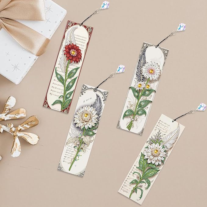 4-Pack 5D Flower Diamond Painting Bookmarks Kit, DIY Diamond Art Bookmarks with Colorful Diamond Gems and Tassels, Floral Bookmark Making Set for Adults, Gift for Book Lovers