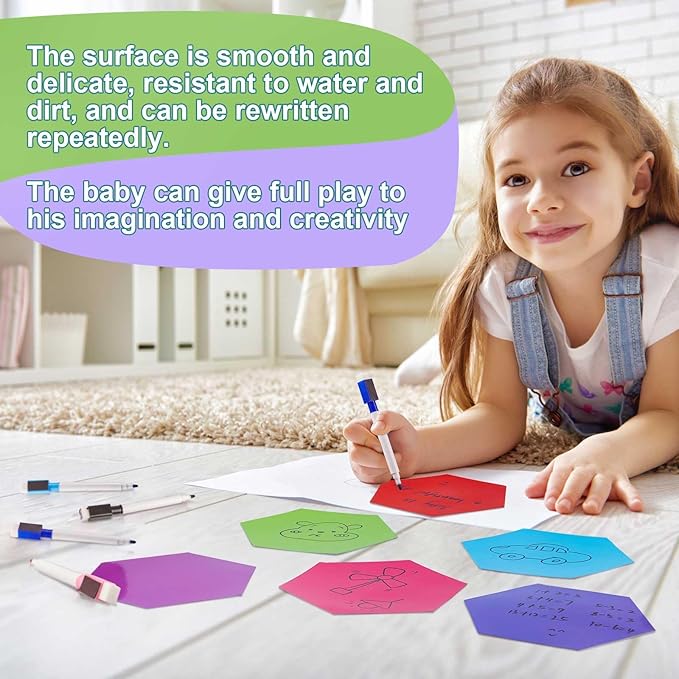 Gueevin 24 Pcs Hexagon Shape Magnetic Dry Erase Board Set 16 Hexagon Small Erase Board Magnet with 8 Dry Marker for Teachers Students, School Classroom Activity Planning, Rainbow Colors