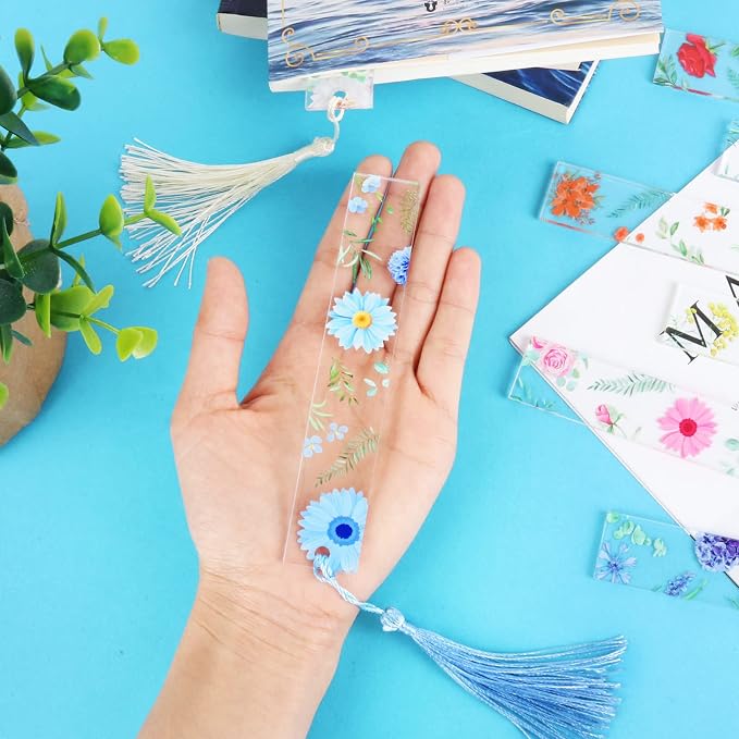 8 Pieces Flower Acrylic Bookmarks with Colorful Tassels Floral Transparent Acrylic Bookmarks Book Page Marker for Women, Teacher, Student, Kids, Book Lovers Reader, Writer, Student