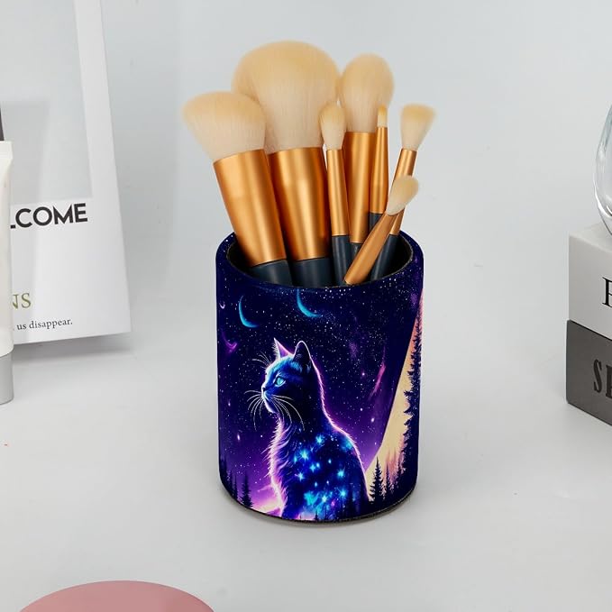 Fantasy Purple Starry Sky Cat Pen Holder Pencil Organizer Cute Pencil Cup Desk Decor Makeup Brush Holder PU Multifunctional Office Supplies for Home Classroom School