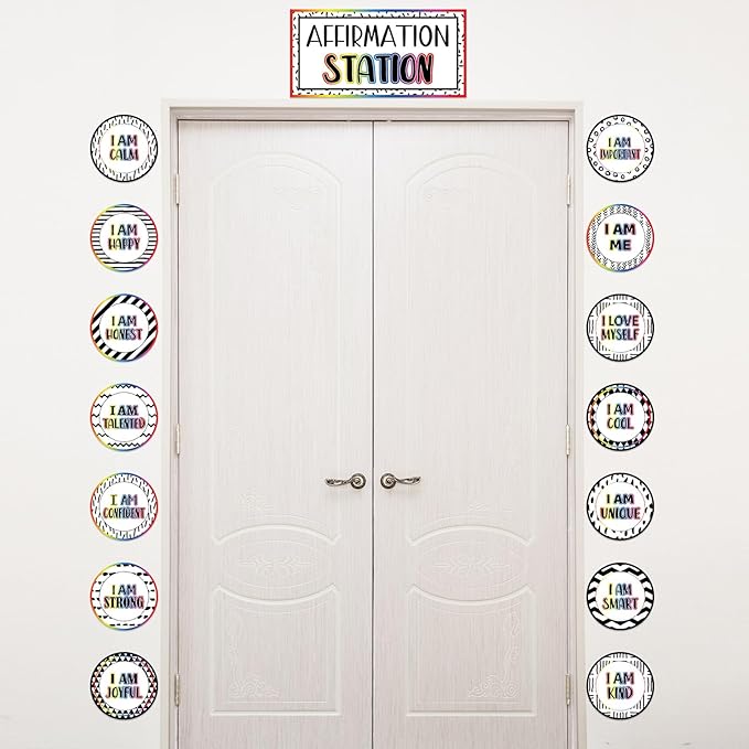 Affirmation Station Bulletin Board Set Composition Positive Bulletin Board for Classroom Growth Mindset Decor Polka Dots and Stripes Inspirational Motivational Accent Cutout for Home School Teacher