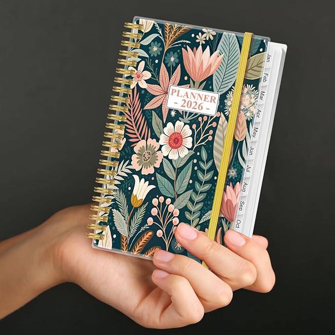 2026 Pocket Planner/Calendar - 2026 Planner from January 2026 - December 2026, Planner 2026 with 12 Tabs, Twin-Wire Binding, Inner Pocket, 3.75" x 6.75", Flower-B