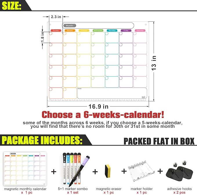 Mag-Fancy Dry Erase Calendar Kit- Magnetic Calendar for Refrigerator - Monthly Fridge Calendar Whiteboard with Extra-Thick Magnet Included 5 Marker & Eraser & Adhesive Hooks for Wall Hanging