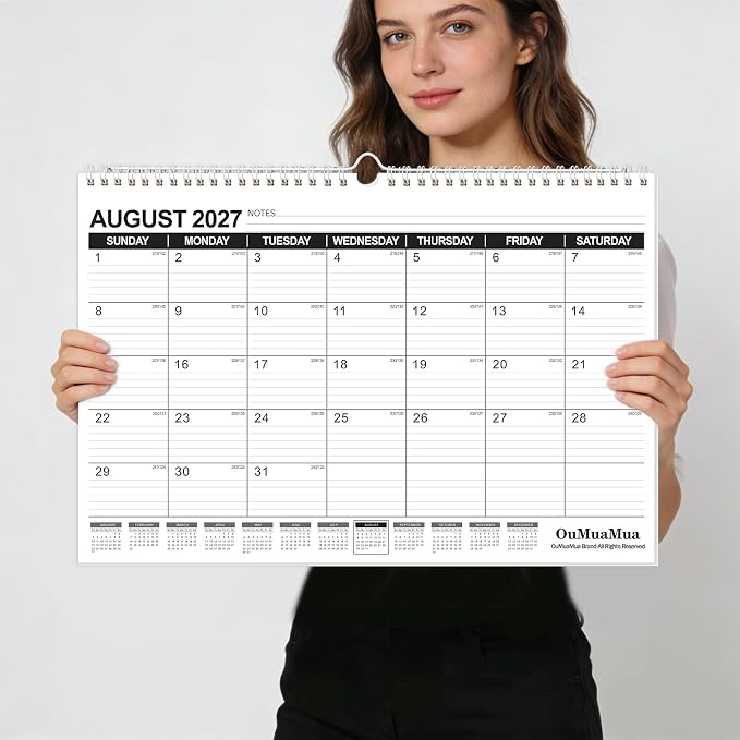OuMuaMua Wall Calendar 2026-2027, 19 Months Academic Calendar 17" × 11.5" Hanging Planner from Jun. 2026 to Dec. 2027 with Julian Date, Ruled Blocks for Office Home Planning & Organizing