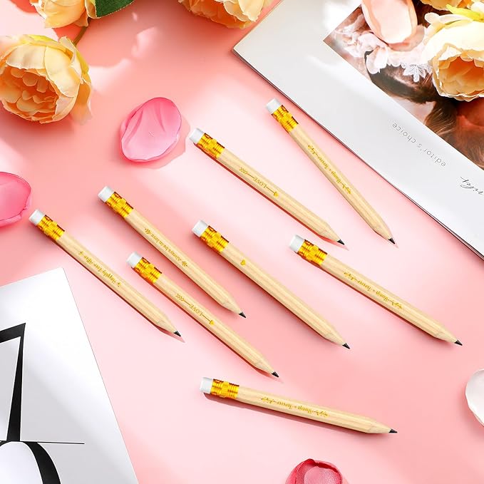Crtiin 50 Pcs Bridal Shower Pencils Half Golf Wedding Pencils with Eraser 4 Inch Short Pocket Pre Sharpened for Wedding Game Bridal Shower Presents Classroom School(Wood Color)