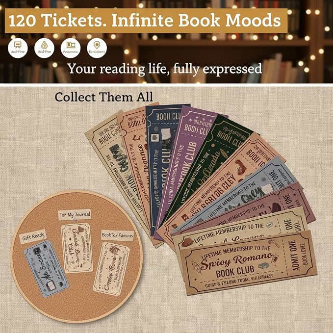 120PCS Vintage Ticket Stub Bookmarks Set โ Retro Aesthetic Cardstock Book Club Bookmarks for Book Lovers, Fantasy Dark Romance Reading Accessories, Funny Bookish Gifts for Adults