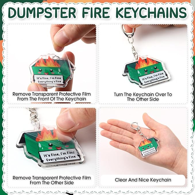 Sayglossy 10 Sets Dumpster Fire Pen Gifts for Coworker Positive Funny Pens Dumpster Fire Desk Accessories Acrylic Keychains Bookmarks Support Gifts for Team Coworker Teachers Boss Nurse