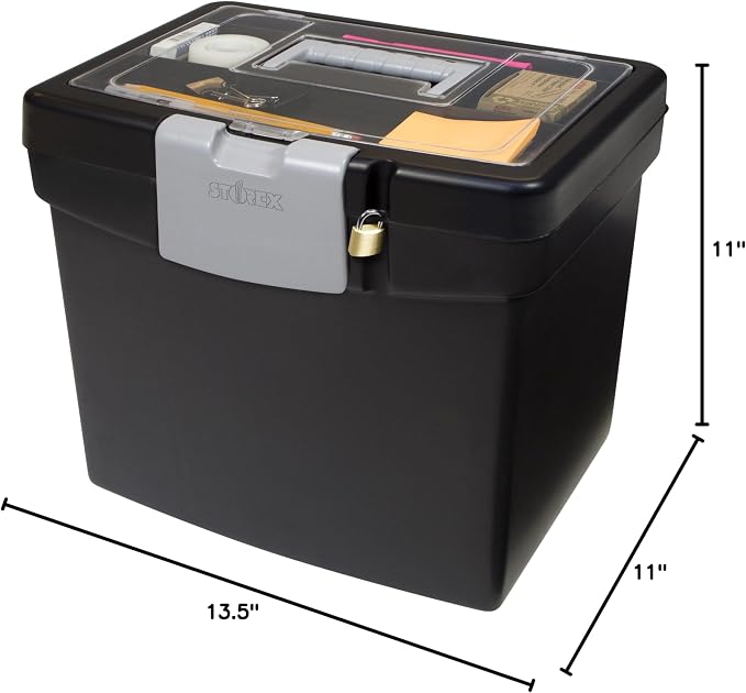 Storex 61504B02C Portable File Box with XL Lid, 11 x 13-1/2 x 11 Inches, Black (Pack of 3)