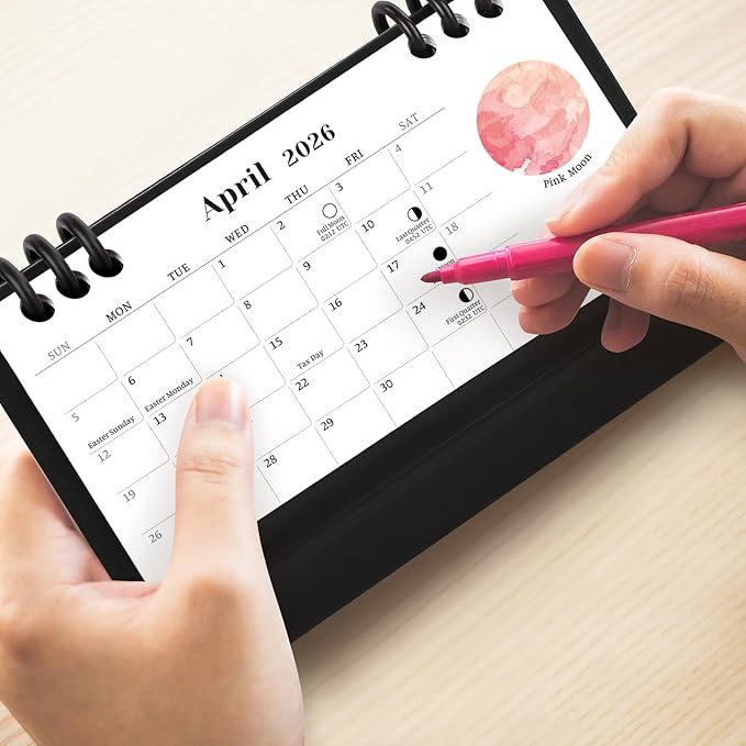 KONVINIT Small Desk Calendar 2026-2027, 6.3" x 3.1", Moon Phase 2026 Desk Calendar - Runs From January 2026 Until December 2027, 24 Months Mini Desktop Calendar for School, Home and Office Supplies