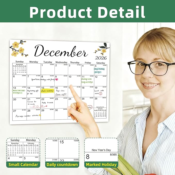 Magnetic 2026 Calendar for Refrigerator, Fridge Magnet Calendar from Dec 2025 to Dec 2026, Aesthetic Family Kitchen Large Paper Calendars with Floral Design, Tear-off Pad for Planners & Organizers (12.6"x11")