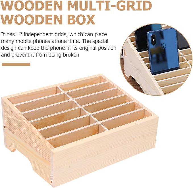 PartyKindom Wooden Cell Phone Holder, 12 Grid Mobile Phone and Calculator Management Desktop Organizer Storage Box for Classroom, Office, Meeting Room, Rack Display