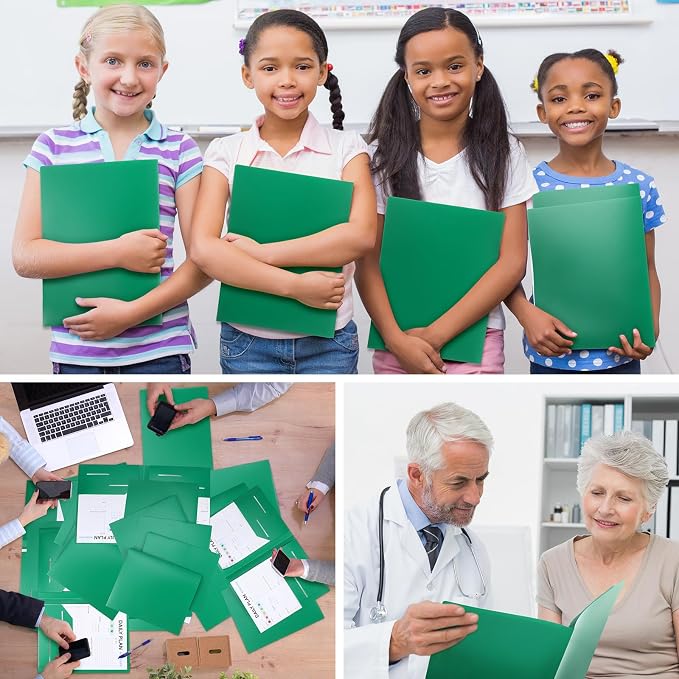 Fulmoon 48 Pack Plastic Folders with 2 Pockets Bulk 11 x 9 Inch Heavy Duty File Pocket Folders and 4 Card Slots Fit Letter Size Paper Cards for Back to School Office Home Supply(Green)