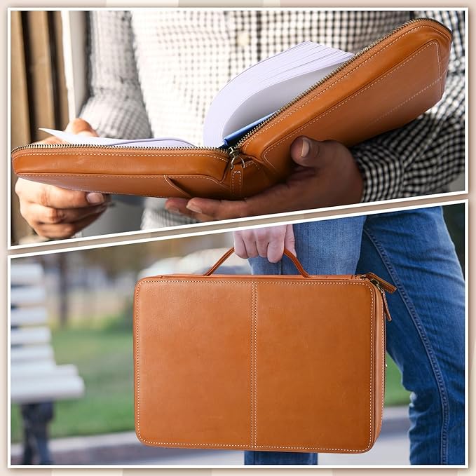 Top Grain Leather Bible Cover for Men Women Buffalo Genuine Leather Bible Case Book Holder Church Bag with Zipper Handle Back Pocket Bookmark Father's Day Religious Gift(Light Brown,Large)