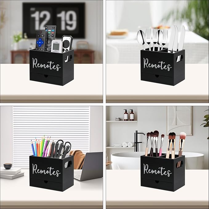 Remote Control Holder, 2 Slot TV Remote Holder& Desk Organizer with Drawers, Remote Organizer Caddy for Table, Wooden Remote Box for Nightstand,Media Storage Box for Living Room, Bed (Black)
