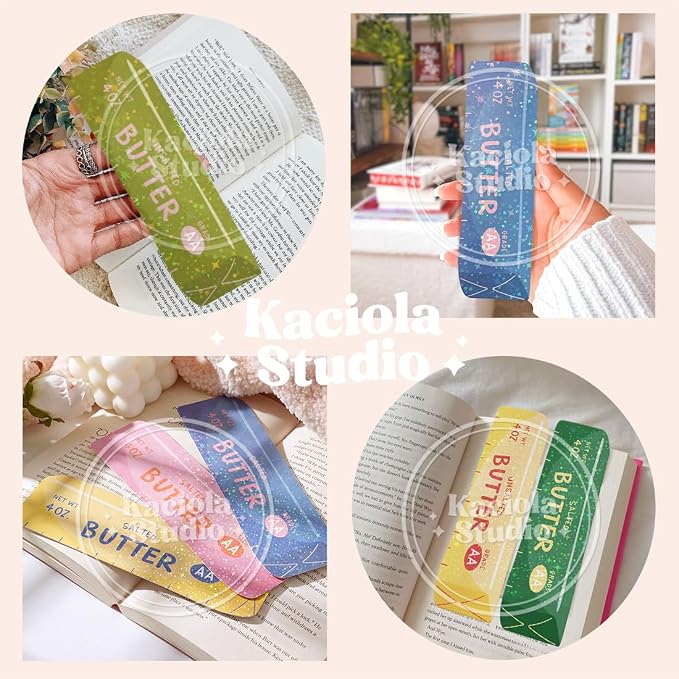 KACIOLA STUDIO 16PCS Salted Butter Stick Glitter Bookmarks, Funny Bookmarks for Women, Double Sided Bookmark Bulk Booklover Gifts, Book Accessories for Reading Bookclub Party Favors