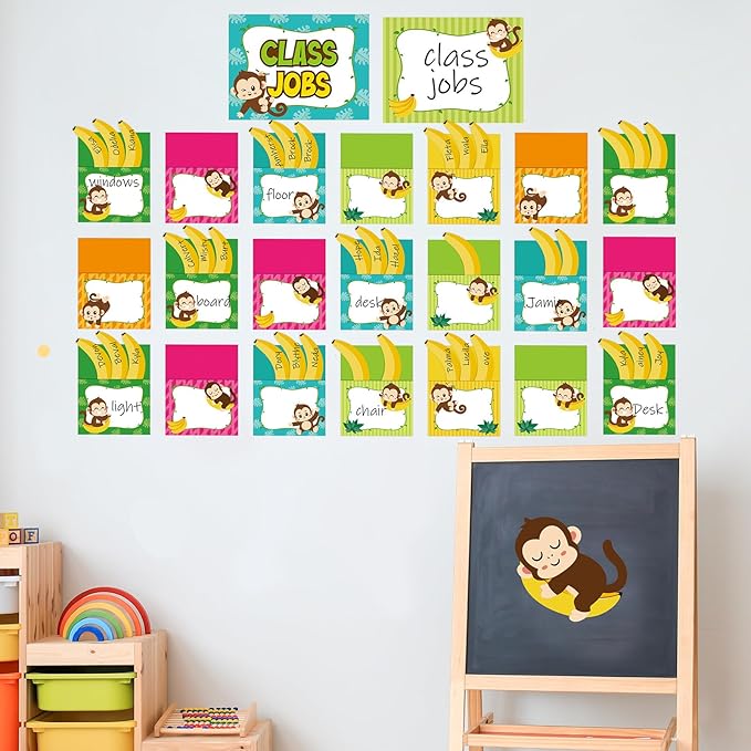 112 Pcs Monkey Class Jobs Bulletin Board Set Jungle Animal Classroom Jobs Pocket Chart Bulk Class Management Educational Chart Teacher's Helper Poster Decoration Back to School Supplies
