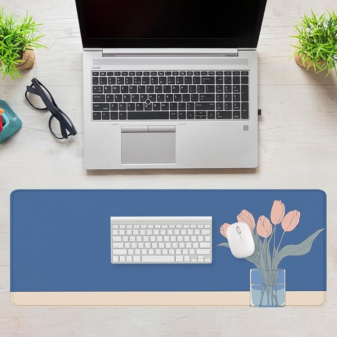 Minimalist Flowers Desk Mat Gaming Mouse Pad Blue Tulip Vase Large Gaming Mouse Mat with Stitched Edges,Non-Slip Waterproof Rubber Base Mous Mat Office Computer Keyboard 31.5"x11.8"
