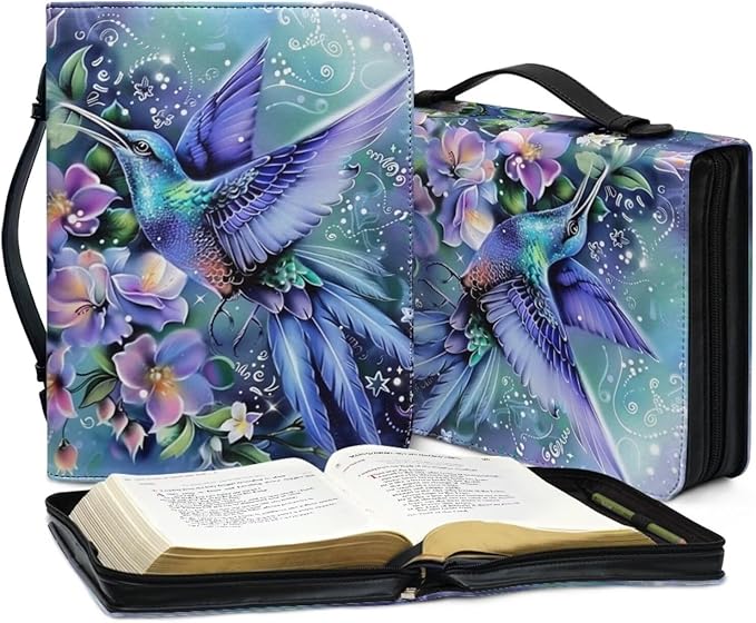 PU Leather Bible Covers for Women Girls,Green Bible Case Carrying Bag Fits Bible Book Accessory,Colorful Hummingbirds and Flowers,X-Large