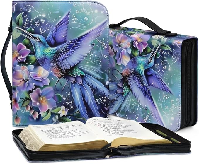 PU Leather Bible Covers for Women Girls,Green Bible Case Carrying Bag Fits Bible Book Accessory,Colorful Hummingbirds and Flowers,X-Large