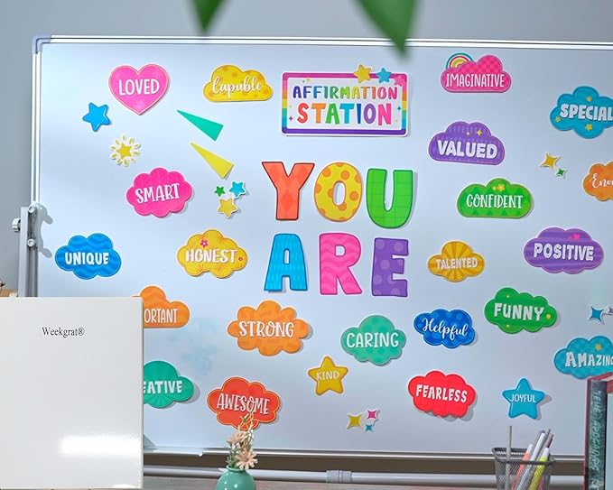 45pcs Bright Affirmation Station Bulletin Board Set Motivational Posters Classroom Mirror Growth Mindset Decor Positive Affirmations Accents Cutouts for School Office Home Teacher Wall Supply
