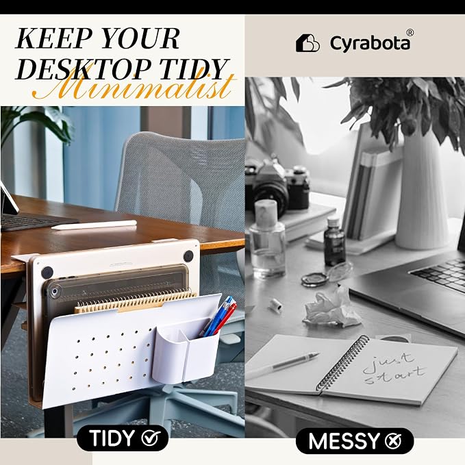 Under Desk Laptop Holder, No Drill Table Side Storage Organizer, White Clamp On Desktop Shelf Steel Table Hanging Mount File Tray, Desk Accessories & Workspace Organizers (White)