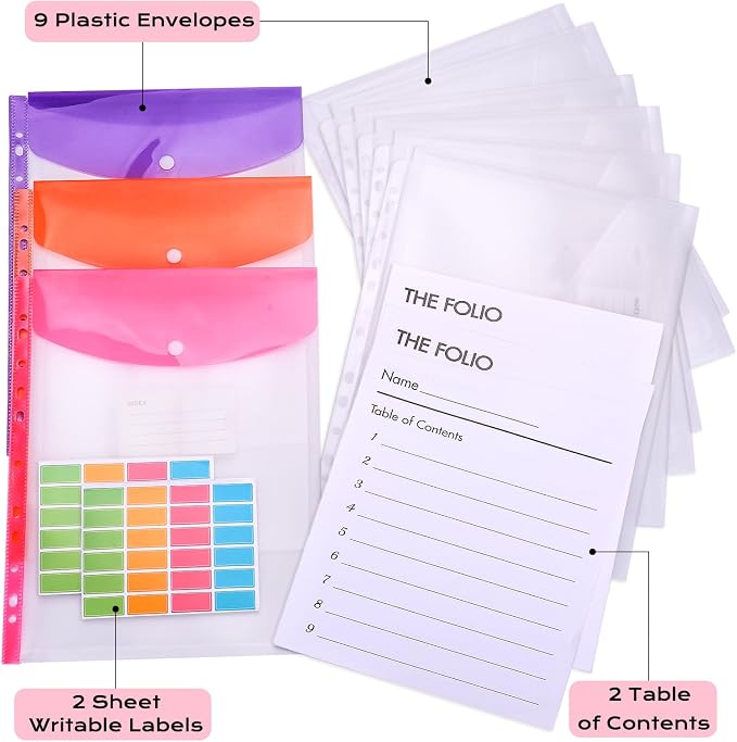 XKDOUS Important Document Organizer Folio Folders with 9 Pockets 3 Ring Linen Binder Organizer Expanding Storage Documents Holder with 9 Pockets and Labels for Papers, Files