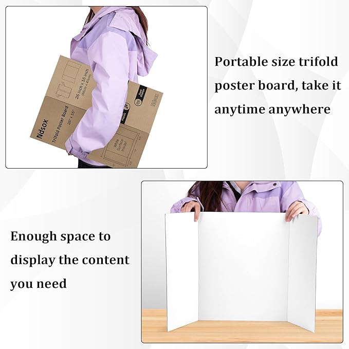 Ndsox 6 Pack 26" x 16" White Trifold Poster Board Medium Size Corrugated Tri Fold Project Poster Boards Science Fair Display Posterboards for Business Presentations, Event Displays, Art Exhibitions