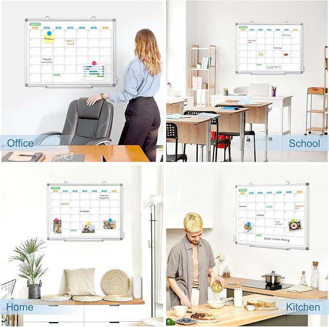 Dry Erase Board Calendar for Wall, 24" x 18" Magnetic Whiteboard Calendar, Monthly Calendar Whiteboard for Wall, Double-Sided Hanging Aluminum Frame White Board for Home, School, Office
