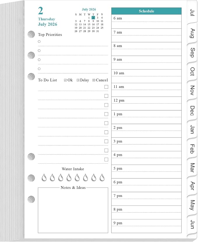 2026-2027 Planner Refills for A5 Binder - One Page Per Day Daily & Monthly Planner, July 2026 - June 2027, Prioritized, To-Do List, Notes, Appointment Schedule, 6-Hole Punched, 5.8" x 8.3"