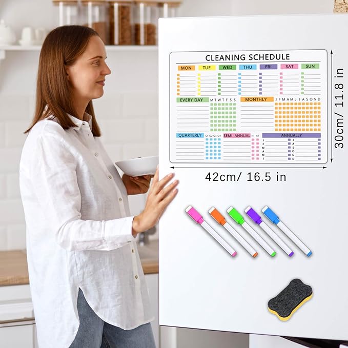 Cleaning Checklist Dry Erase Magnetic Whiteboard for Refrigerator – Daily, Weekly & Monthly Planner with 5 Highlight Markers & Eraser – Household Chore Schedule, Kitchen Organizer, Family Task Planner