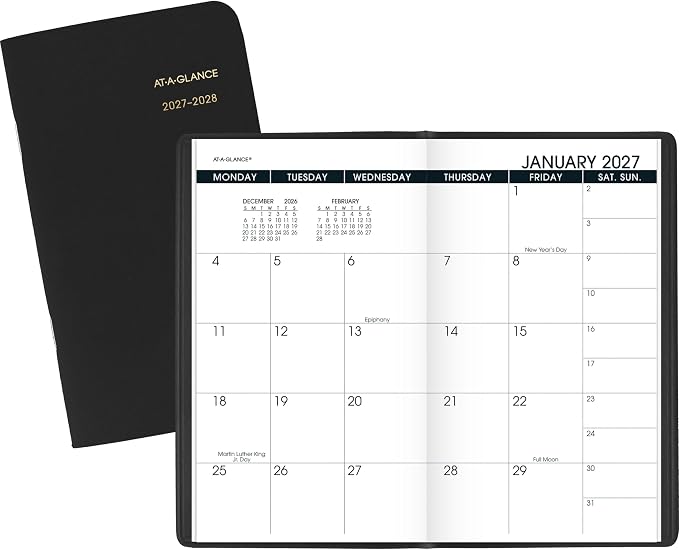 AT-A-GLANCE 2027-2028 Planner, 2-Year Monthly Planner, 3.5" x 6", Pocket Size, Unruled Daily Blocks, Black (700240527)