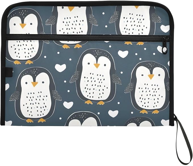 Expanding File Folder Cute Penguin Blue Accordion File Organizer 13 Pockets Document Organizer with Zipper Labels A4 Letter Office Storage