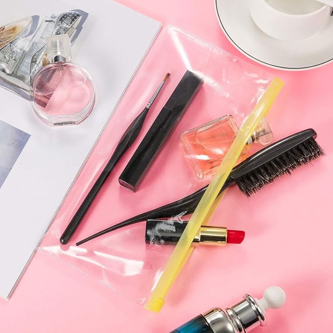 Leinuosen 50 Pcs Clear Zip Envelope Pencil Case Bulk Small Plastic Envelopes Reusable File Bill Document Bag, 5 Colors A6 Pencil Bags for Cash Office School Supplies