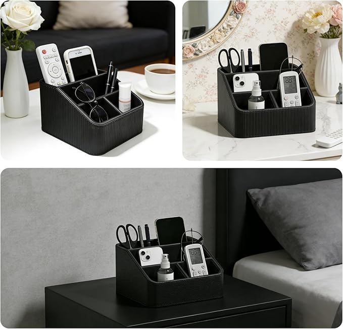 4-Compartment Remote Control Holder, PU Leather Remote Control Caddy & Small Desk Organizer, Stylish Multifunctional Desktop Organizer for Home Nightstand Office Supplies (Black)