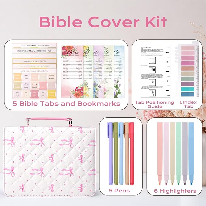 XKDOUS Bible Cover Case for Women Leather Quilted Bible Bag Organizer Large Book Carrying Case with Handle, Pens, Tabs, Study Supplies Journaling Kit Christian Gifts for Mom, Lady
