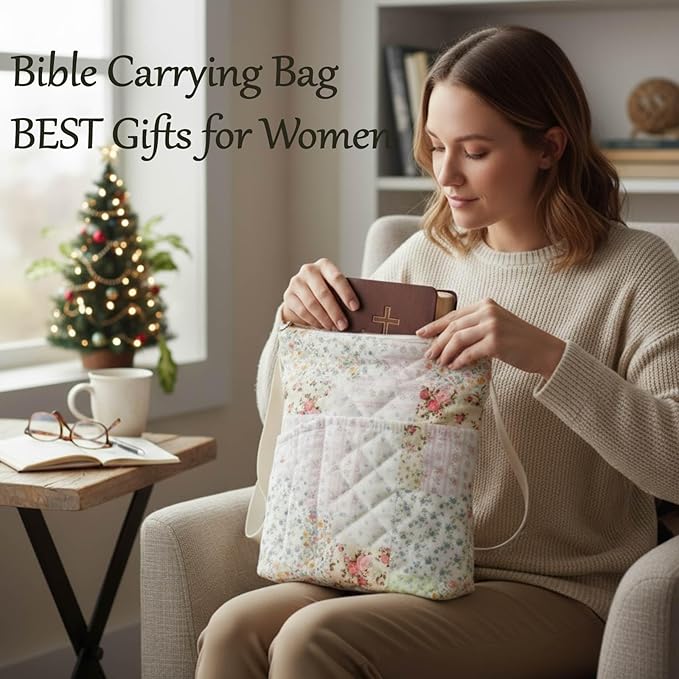 Gilprop Bible Book Sleeve with Zipper 11" x 9" Padded Protector Washable Quilted Book Covers Printed Bible Pouch with Handle Pockets Protector for Books Lover Christian Gifts(Spliced Flower)