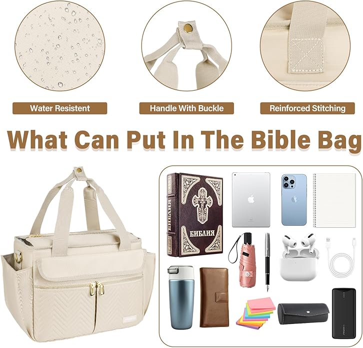 Bible Cover Case for Women,Bible Tote Bag with Shoulder Strap,Church Bag with Multiple Pockets for Bible Study Accessories