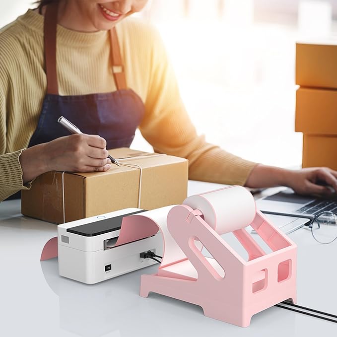 PONNOR Label Holder Thermal Label Holder for Rolls and Fanfold Labels Shipping Label Stand Desktop Printer DIY Accessory Supplies for Home, Office (Pink)
