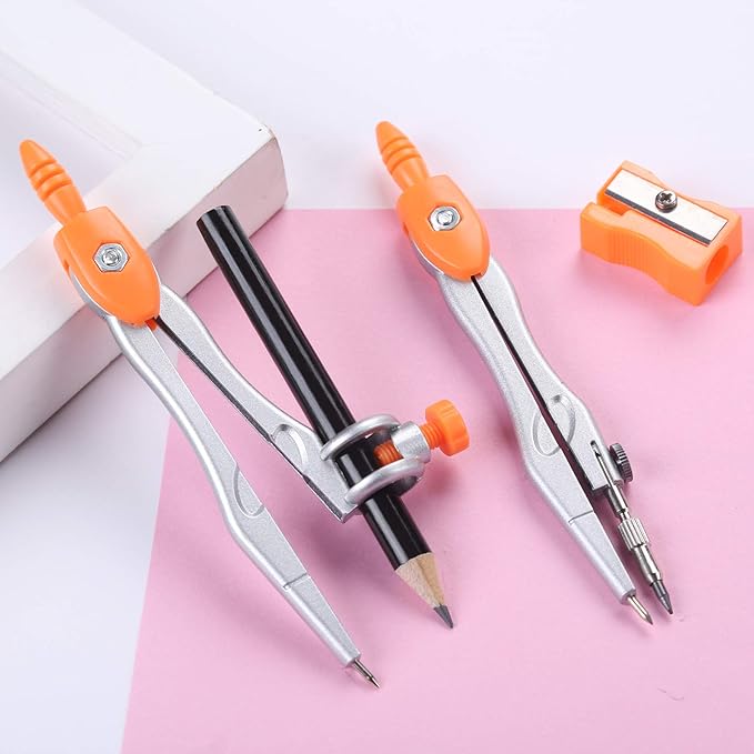 Vobou Math Geometry Kit Sets 10 Piece Student Supplies with Shatterproof Storage Box,Includes Rulers,Protractor,Compass,Eraser,Pencil Sharpener,Lead Refills,Pencil,for Drafting(Orange)