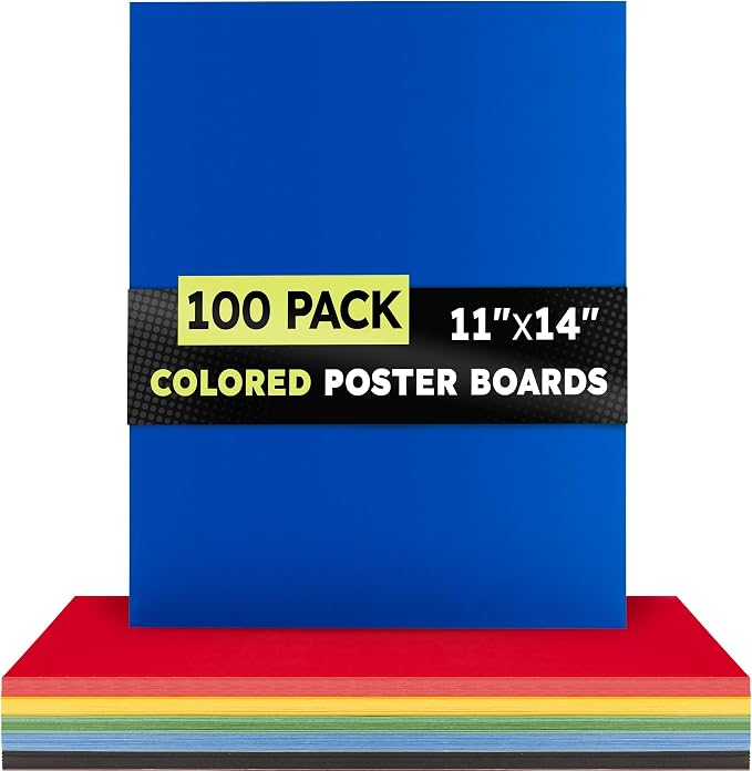 Hygloss Medium Colored Poster Board 11x14-100 Assorted Standard Color Bulk Pack - Red, Yellow, Green, Blue, Black - 10 Pt. Thickness Poster Board Paper, Posterboard Multipack 11" x 14"