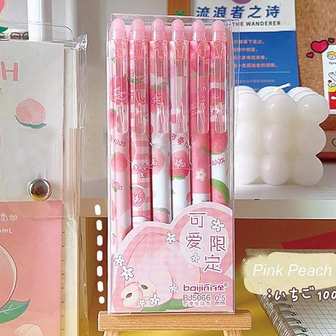 MOZXIRZ 6 Pcs Erasable Gel Ink Pens Retractable Pens Cute Pink Peach Pen Fine Point Pen Office School Supplies Women Pens (Black Ink-Peach)