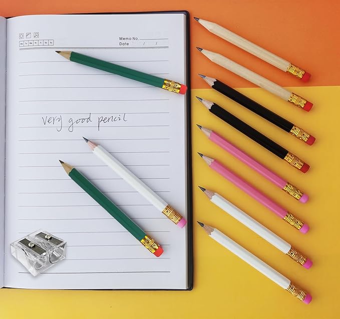 Adhere 25pcs Golf Pencils with eraser Hexagon Wooden Pencils Graphite 2B for Golf Event Scoring,Classroom,Wedding,Company Meetings,Pew, Pocket (Blackć»Whiteć»Greenć»Pinkć»Natureć»50pcs)