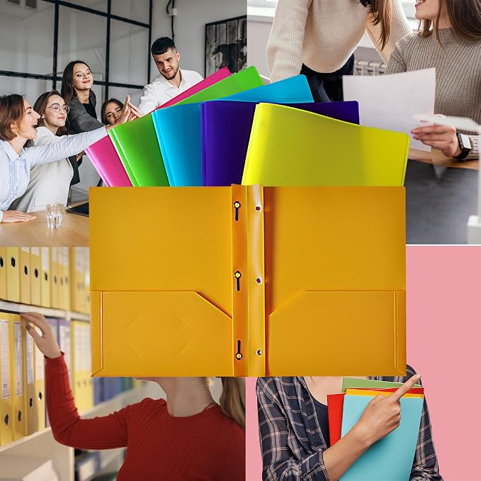 Seashell 12 Pack 2 Pocket Folders with Prongs, Plastic 3 Hole Punched Folder with Two Pockets, Letter Size, Heavy Duty, Assorted Colors, for Office and Classroom Use