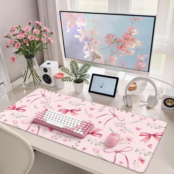 HAOCOO Pink Coquette Desk Mat, Cute Large Mouse Pad for Keyboard, Non-Slip Waterproof Desk Pad, Office Desktop Mat with Stitched Edges, Desk Decor for Women Office Aesthetics